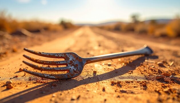 Rusty bent metal fork abandoned on dusty dirt path with bright harsh sunlight, FlyPro Firefly photographic style