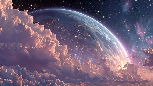 Planet rising above glowing clouds with starry night sky cosmic atmosphere fantasy environment blending earth and space in vibrant tones