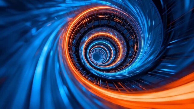 Futuristic spiral space with interwoven blue and orange neon lines