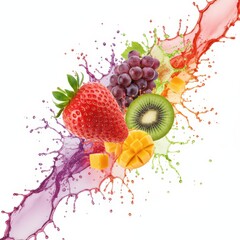 Assorted fresh fruits and juice splashes, strawberry kiwi grape mango on white background