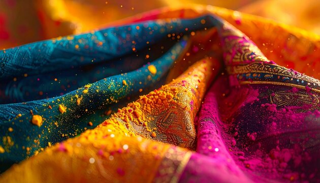 Artistic fold of Bengali fabric dusted with festive powders for Doljatra celebration in Bengal Bangladesh
