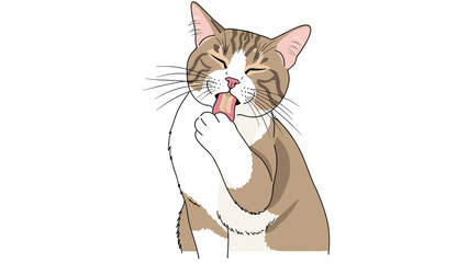 Obraz premium Cute tabby cat with white chest grooming its paw in a detailed colorful vector character illustration for pet lovers.