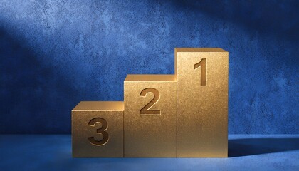 Gold podium for first second and third place winners with numbers on blue background