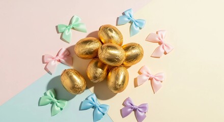 Golden Easter chocolate eggs with colorful bows on a pastel background. Spring holiday treat for children and family celebration.