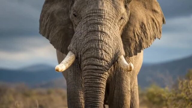 A magnificent African elephant stands prominently, captured in a striking close-up front view. Its wise, powerful presence fills the frame, showcasing the intricate texture of its grey, wrinkled skin,