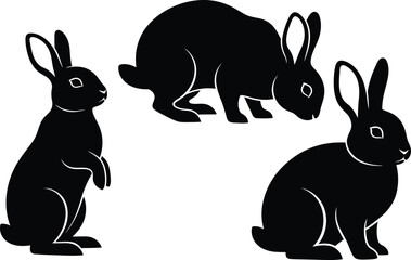 Obraz premium Rabbit silhouette vector set with sitting and grazing poses, black bunny illustration isolated on white background