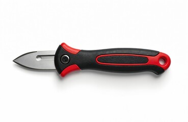 Obraz premium Utility knife with black and red handle blade extended. Sharp tool for cutting cardboard boxes in workshop or office. Portable cutter for diy projects.