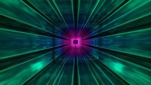 Purple glowing cube tunnel with deep spatial perspective
