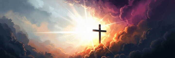 Naklejka premium Christian cross and bright sunlight shining from behind in a dramatic cloudy sky background for Easter and spiritual themes.