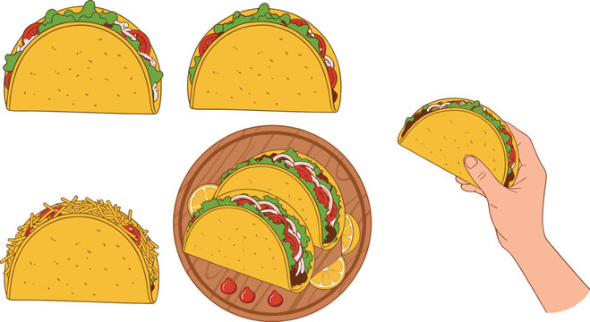 Mexican Taco Set Vector Illustration with Beef, Lettuce and Cheese Filling, Street Food Collection Including Hand Holding Taco and Plate Serving