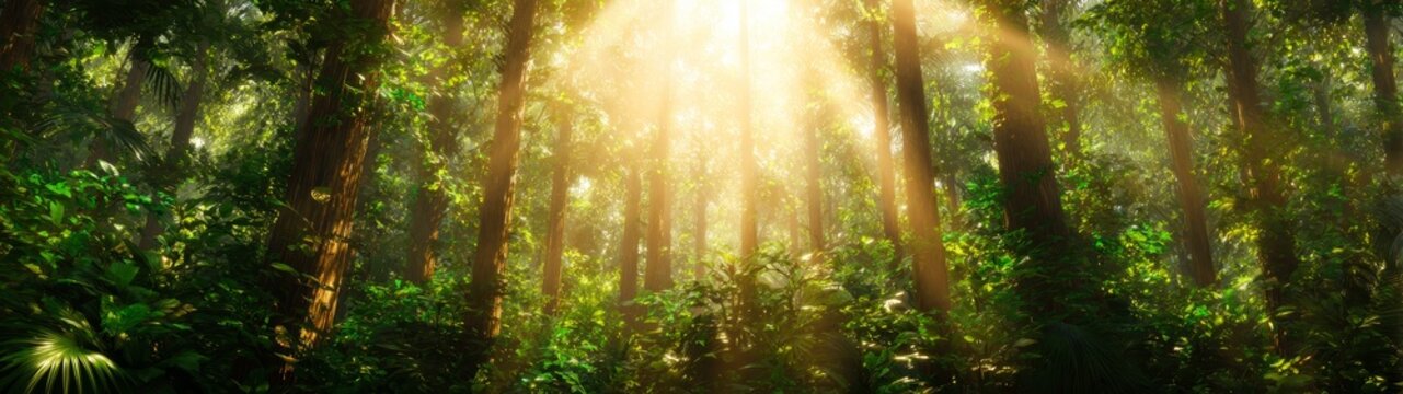 Sunlight streaming through lush trees in a vibrant forest nature photography serene environment scenic view