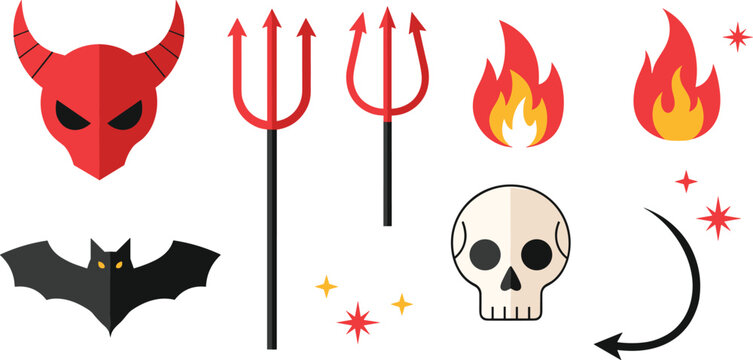 Devil and hell fire icons set, flat vector illustrations with red demon mask, pitchfork, burning flames, black bat and skull isolated on white background.