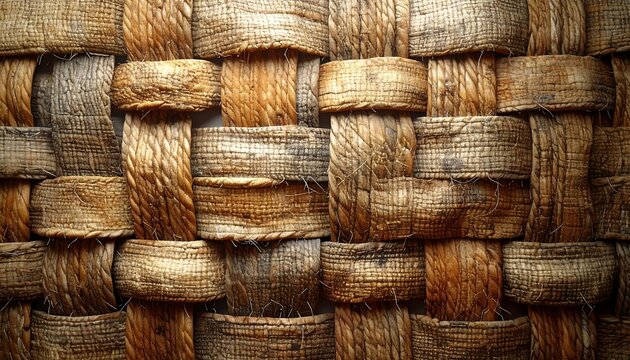 Close-up of a tightly woven, natural fiber material, revealing a textured pattern with warm, earthy tones. The weave creates a grid-like structure