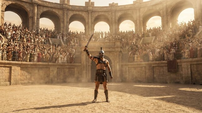 Ancient roman gladiator standing proud in coliseum arena before crowd concept. A victorious gladiator stands triumphantly in an ancient arena.