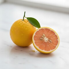 Ripe sweet orange fruit whole and halved with green leaf on white marble background water droplets