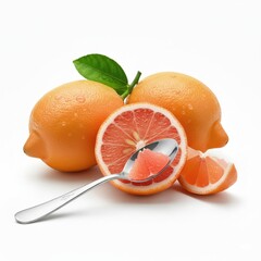 Two whole oranges and one halved with spoon on white background water droplets