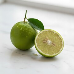 Fresh whole lime with a single green leaf and a perfectly sliced half on a pristine white marble surface