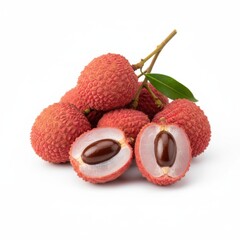 Bunch of fresh lychee fruits whole and halved showing seed on white background green leaf
