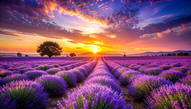 A vibrant sunset casts golden light over purple lavender fields with rows stretching to the horizon, a lone tree stands silhouetted