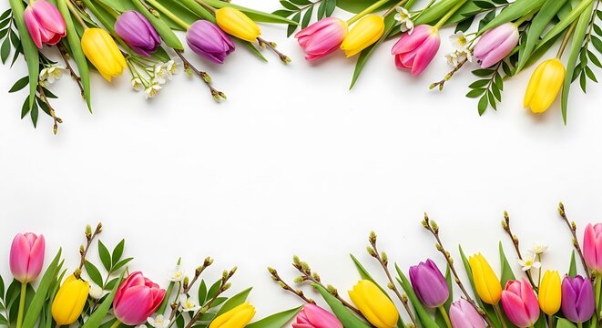 Easter floral border with colorful tulips and greenery for spring