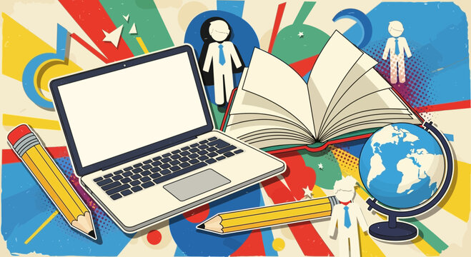 education concept, laptop, book, globe, pencil, learning, knowledge