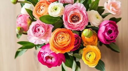 Naklejka premium ranunculus. Vibrant floral arrangement featuring peonies and ranunculus in a ceramic vase. gardening catalogs, home-decor guides, designed for gardening and botanical catalogs.