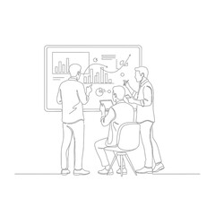 Fototapeta premium Minimal line art of team members discussing project goals in front of dashboard