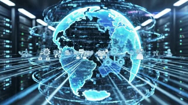 A futuristic video showcasing a digital globe in a high-tech server room with vibrant blue lights and complex network connections.