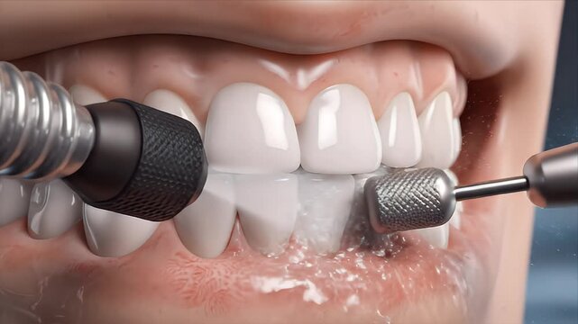 Close-up CGI animation of dental calculus removal from human teeth with a dental drill on a dark medical background