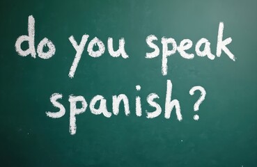 Obraz premium Chalk writing on a green board asks do you speak spanish. Question implies language learning, travel or communication. Great for education and cultural exchange themes. Global connection.