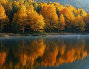 Obraz premium Golden autumn trees with yellow and orange leaves grow on shore of calm lake. Mirror reflection of colorful forest on still water surface with light mist.