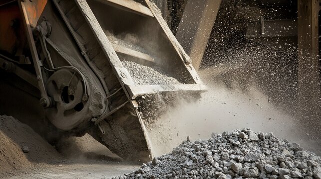 crusher. Close-up of heavy industrial crusher jaws compressing rock into gravel under dramatic lighting. safety posters.