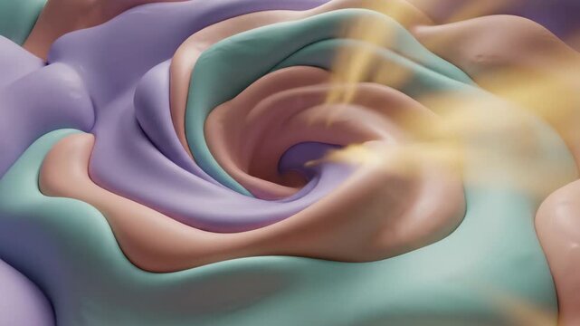 Abstract swirl of soft pastel colored pliable forms with warm light rays