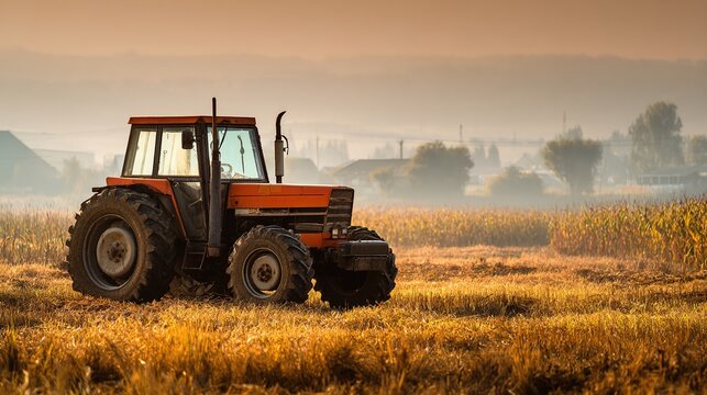cornfield. Agricultural tractor in a golden cornfield, surrounded by morning mist and soft natural light. safety posters.
