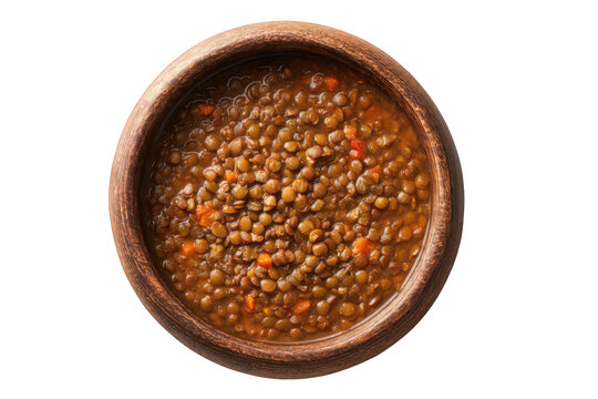 Bowl of hearty lentil soup with carrots and spices isolated on transparent background