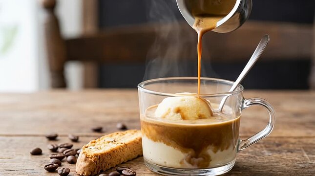 Pouring hot espresso over creamy ice cream dessert with biscotti and coffee beans espresso, glass, mug,.
