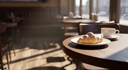 Fresh Croissant and Coffee on Table at Cafe with Sunlight Beams