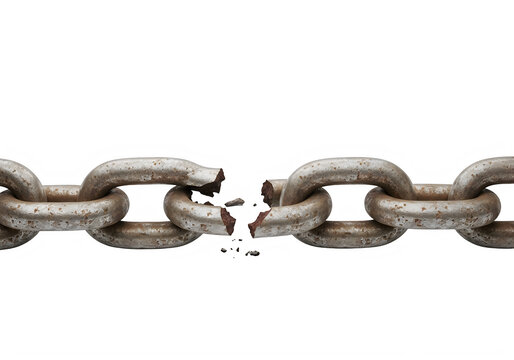 Broken metal chain with broken link isolated on transparent background