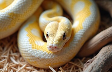 Fototapeta premium Albino python snake curls on straw. Yellow and white scales show unique pattern. Reptile has brown eyes, pink nose. Wildlife creature poses, looks at camera. Natural animal background.