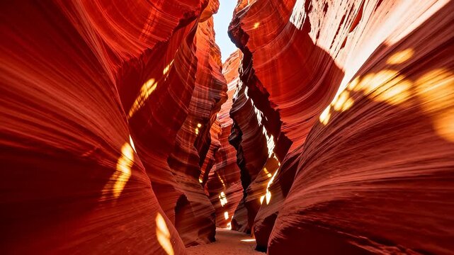 Narrow red sandstone canyon with sun beams lighting textured rock walls