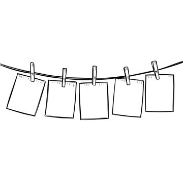 polaroid photos hanging on clothesline vector line art hand drawn illustration