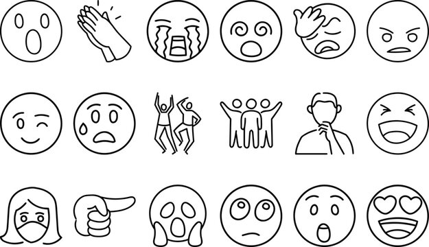 Diverse Outline Emoji Icons Expressing Various Human Emotions