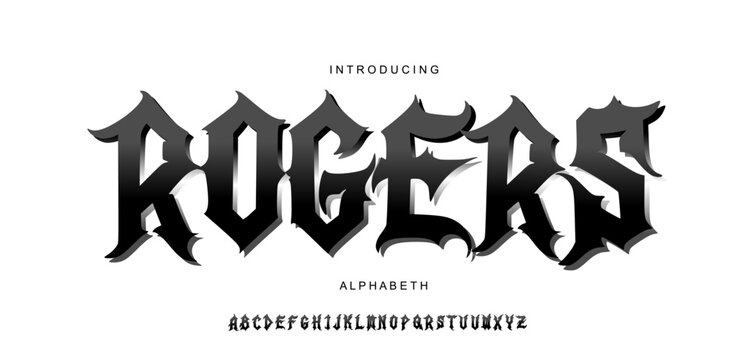 Font vector. Alphabet Rogers - Sharp Metal Tattoo and Rock Music Font