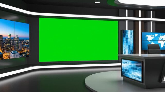 Modern television news studio virtual set with green screen and city skyline view