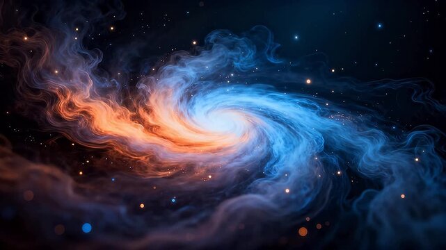 Spiral galaxy with orange and blue nebula in deep space