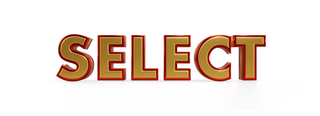 Decorative elegant Metallic 3d text "SELECT" on Transparent Background, Modern realistic gold and red color Typography Illustration.