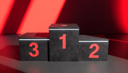 Modern dark podium with red numbers 1 2 3 and illuminated edges against striped background