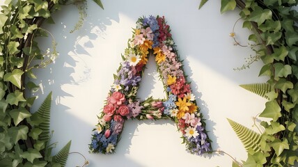 A beautifully crafted letter a made entirely of vibrant and colorful flowers