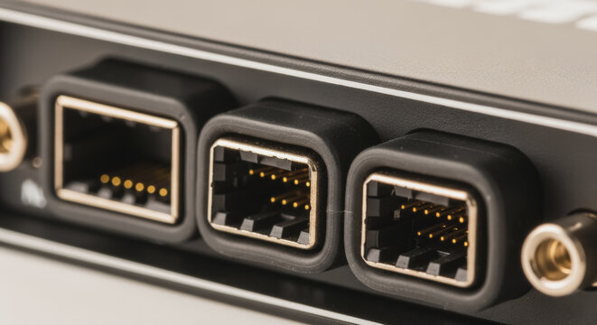Close-up of modern electronic device ports, featuring Ethernet RJ45 and FireWire 800 connectors for high-speed data networking and digital communication.