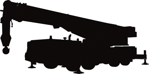 Mobile crane truck silhouette illustration showing heavy construction lifting machinery, industrial equipment vehicle icon, black vector design for engineering, logistics, and building projects © Md
